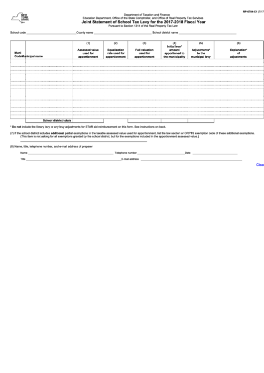 Fillable Form Rp-6704-C1 - Joint Statement Of School Tax Levy For The 2017-2018 Fiscal Year Printable pdf