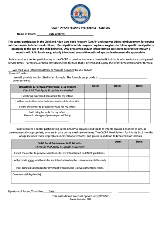 Cacfp Infant Feeding Preference - Centers - Arizona Department Of Education Printable pdf
