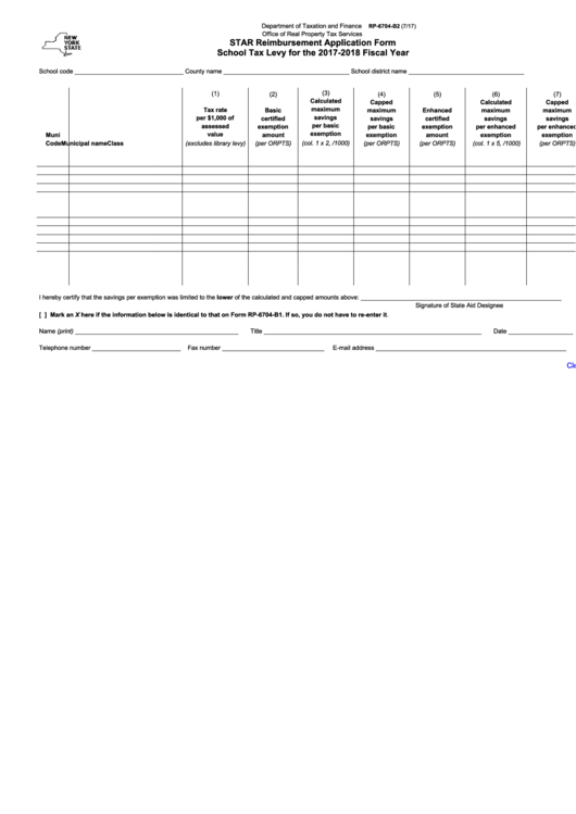 Fillable Form Rp-6704-B2 - Star Reimbursement Application Form School Tax Levy For The 2017-2018 Fiscal Year Printable pdf