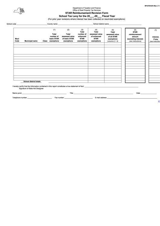 Fillable Form Rp-6704-B1-Rev - Star Reimbursement Revision Form School Tax Levy For The 20___-20___ Fiscal Year Printable pdf