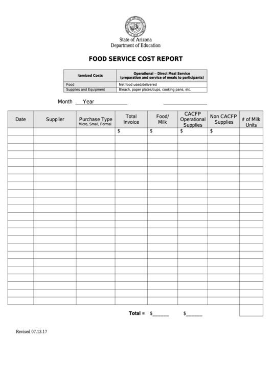 Food Service Cost Report - Arizona Department Of Education printable ...