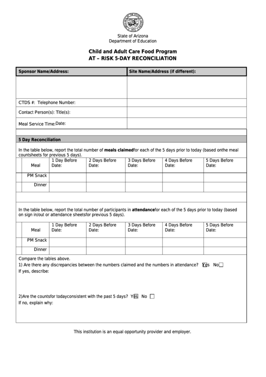 Fillable At - Risk 5-Day Reconciliation - Arizona Department Of Education Printable pdf