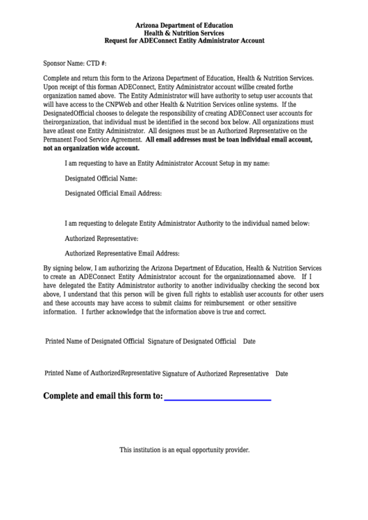 Fillable Request For Adeconnect Entity Administrator Account - Arizona Department Of Education Printable pdf