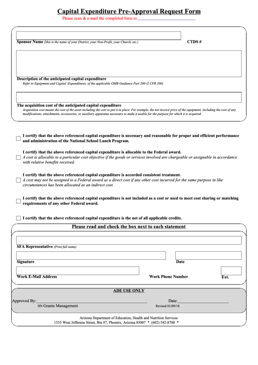 Fillable Capital Expenditure Pre-Approval Request Form - Arizona Department Of Education Printable pdf