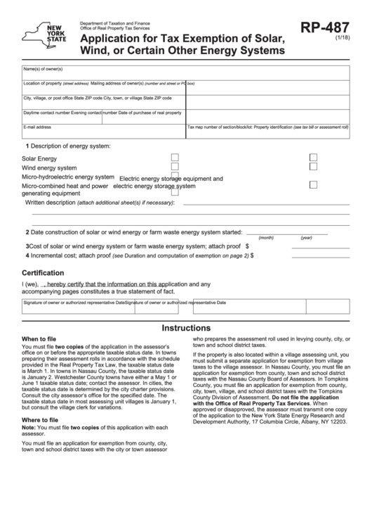 Fillable Form Rp-487 - Application For Tax Exemption Of Solar, Wind, Or Certain Other Energy Systems Printable pdf