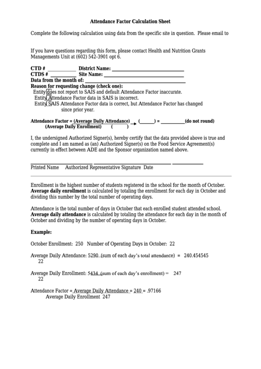 Fillable Attendance Factor Calculation Sheet - Arizona Department Of Education Printable pdf