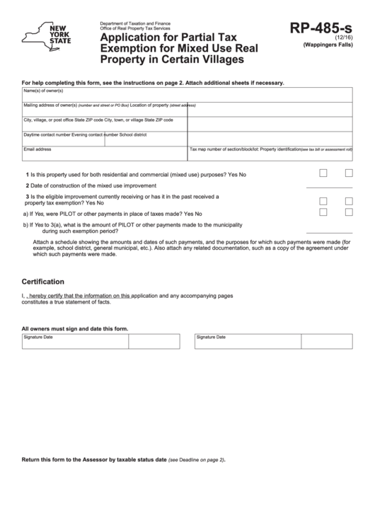 Fillable Form Rp-485-S - Application For Partial Tax Exemption For Mixed Use Real Property In Certain Villages Printable pdf