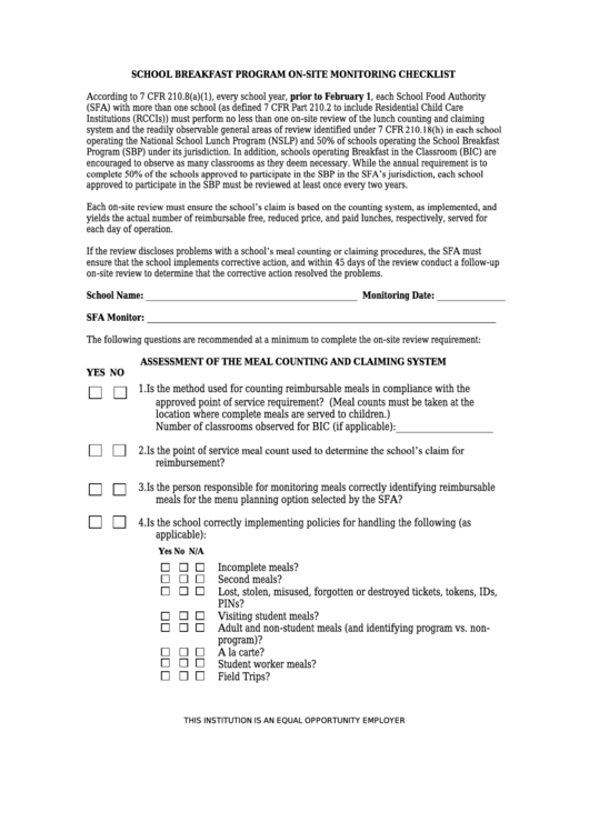 School Breakfast Program On-Site Monitoring Checklist - Arizona Department Of Education Printable pdf