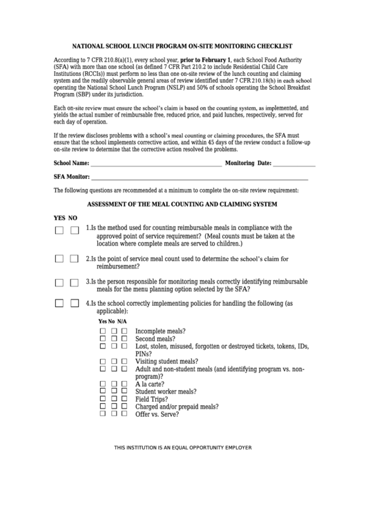 National School Lunch Program On-Site Monitoring Checklist - Arizona Department Of Education Printable pdf