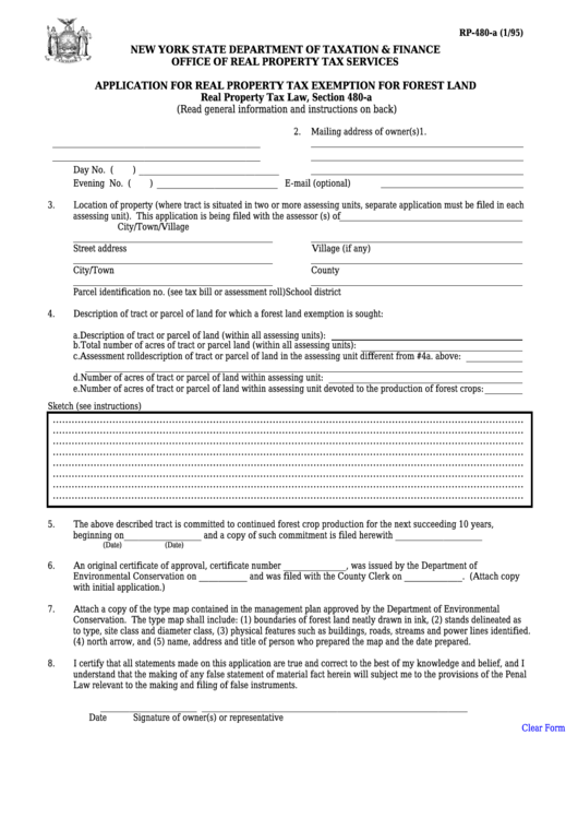 Fillable Form Rp-480-A - Application For Real Property Tax Exemption For Forest Land Printable pdf