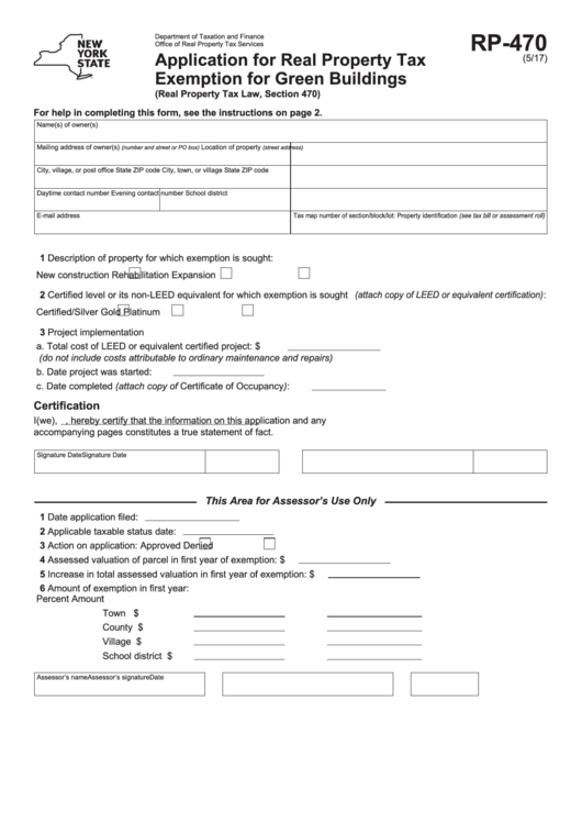 Fillable Form Rp-470 - Application For Real Property Tax Exemption For Green Buildings Printable pdf