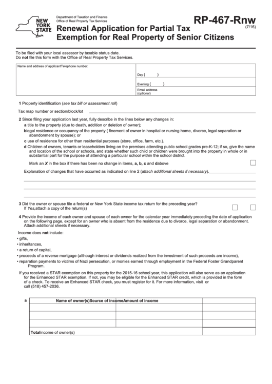 Fillable Form Rp-467-Rnw - Renewal Application For Partial Tax Exemption For Real Property Of Senior Citizens Printable pdf