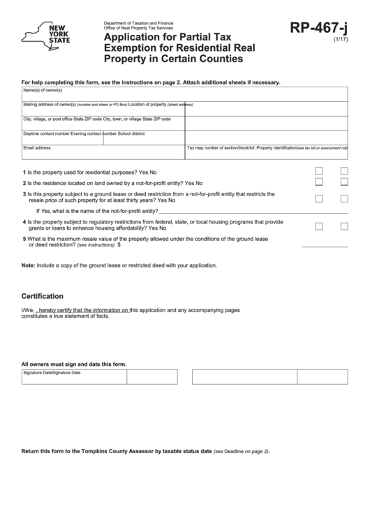 Fillable Form Rp-467-J - Application For Partial Tax Exemption For Residential Real Property In Certain Counties Printable pdf