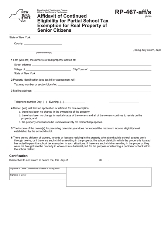 Fillable Form Rp-467-Aff/s - Affidavit Of Continued Eligibility For Partial School Tax Exemption For Real Property Of Senior Citizens Printable pdf