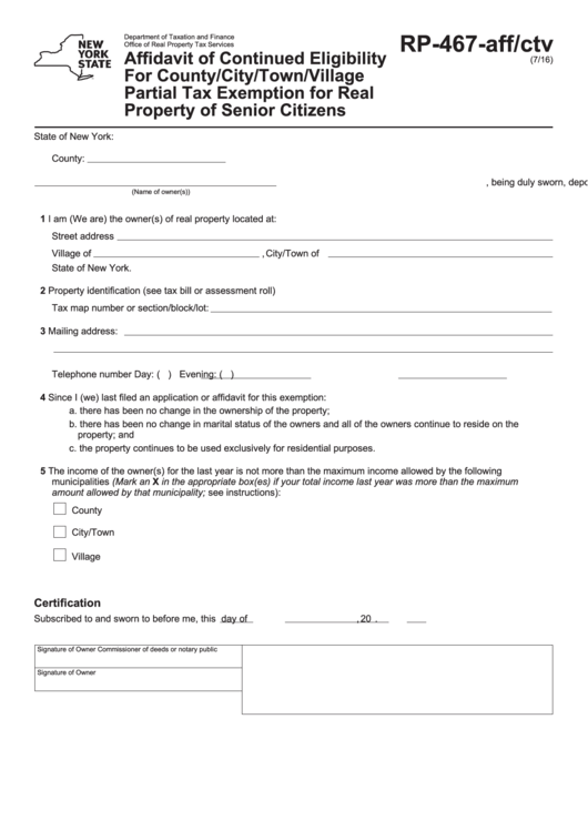 Fillable Form Rp-467-Aff/ctv - Affidavit Of Continued Eligibility For County/city/town/village Partial Tax Exemption For Real Property Of Senior Citizens Printable pdf