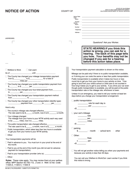 Fillable Form Na 822 - Notice Of Action - Transportation Change Printable pdf