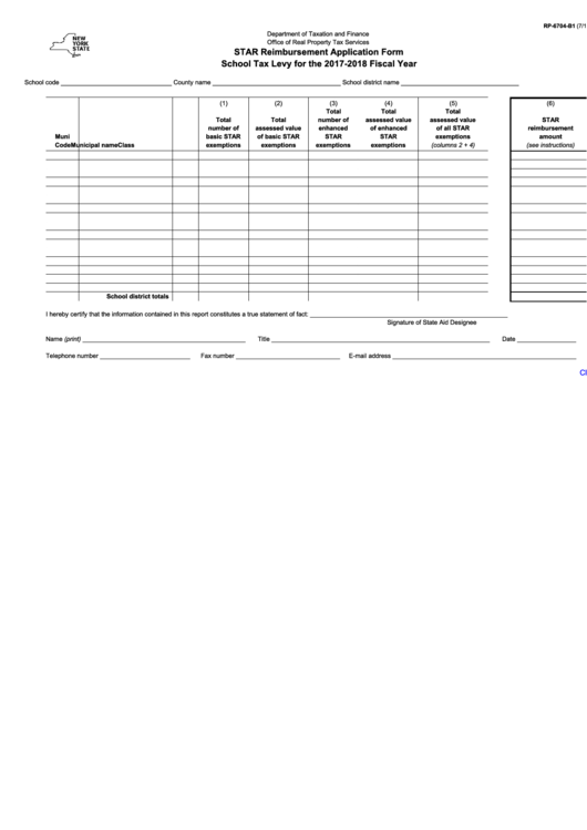 Fillable Form Rp-6704-B1 - Star Reimbursement Application Form School Tax Levy For The 2017-2018 Fiscal Year Printable pdf