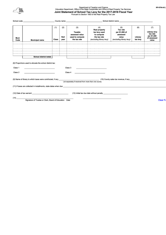 Fillable Form Rp-6704-A3 - Joint Statement Of School Tax Levy For The 2017-2018 Fiscal Year Printable pdf
