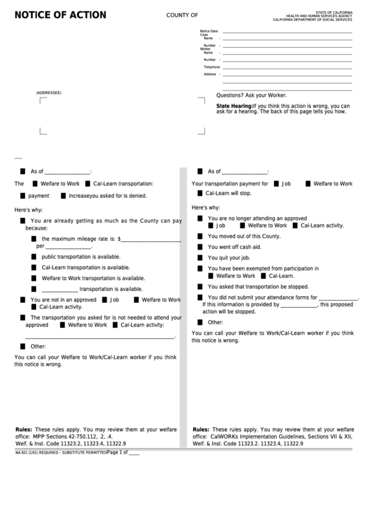 Fillable Form Na 821 - Notice Of Action - Transportation Approval/denial Printable pdf