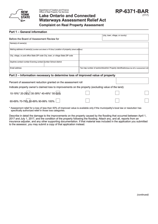 Fillable Form Rp-6371-Bar - Lake Ontario And Connected Waterways Assessment Relief Act Complaint On Real Property Assessment Printable pdf