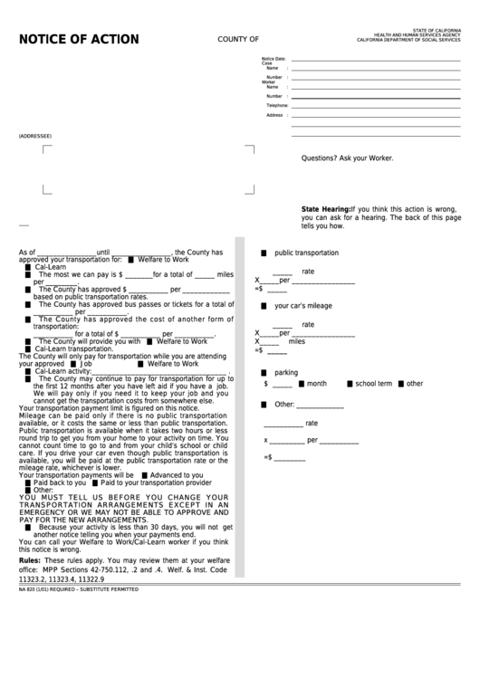 Fillable Form Na 820 - Notice Of Action - Transportation Approval Printable pdf