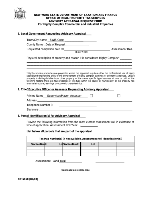 Fillable Form Rp-5050 - Advisory Appraisal Request Form For Highly Complex Commercial And Industrial Properties Printable pdf