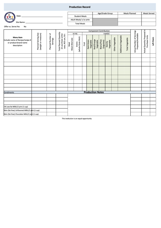 Fillable Production Record - Arizona Department Of Education Printable pdf