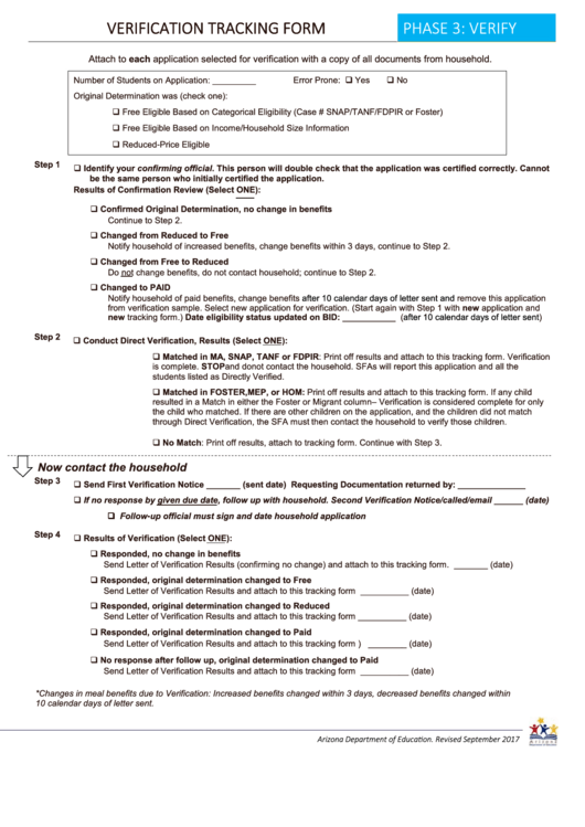 Verification Tracking Form - Arizona Department Of Education Printable pdf