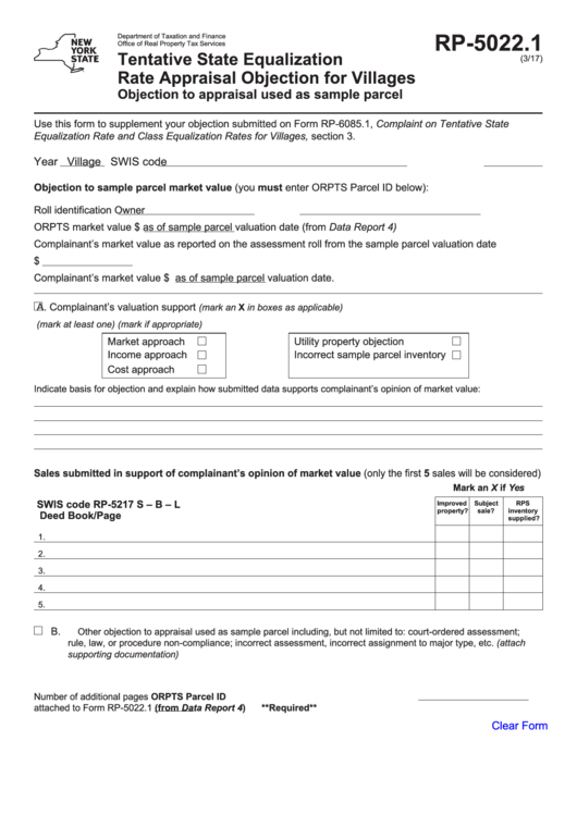 Fillable Form Rp-5022.1 - Tentative State Equalization Rate Appraisal Objection For Villages Printable pdf
