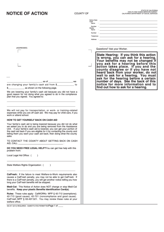 Fillable Form Na 817 - Notice Of Action - Sanction Of Participant After Failed Compliance Plan Printable pdf