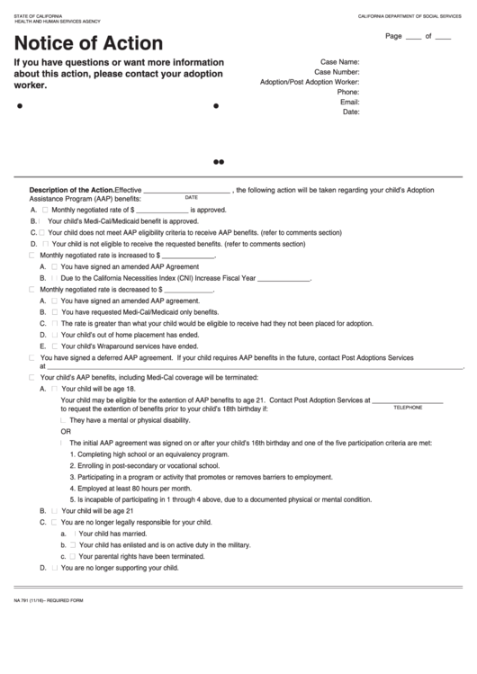 Fillable Form Na 791 - Notice Of Action - Approval/denial/change Printable pdf