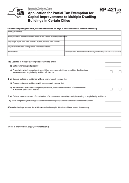 Fillable Form Rp-421-O - Application For Partial Tax Exemption For Capital Improvements To Multiple Dwelling Buildings In Certain Cities Printable pdf