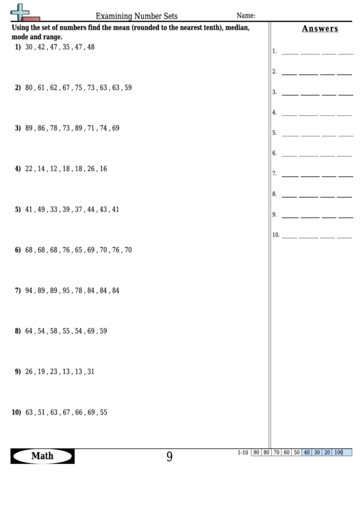 Examining Number Sets Worksheet Template With Answer Key