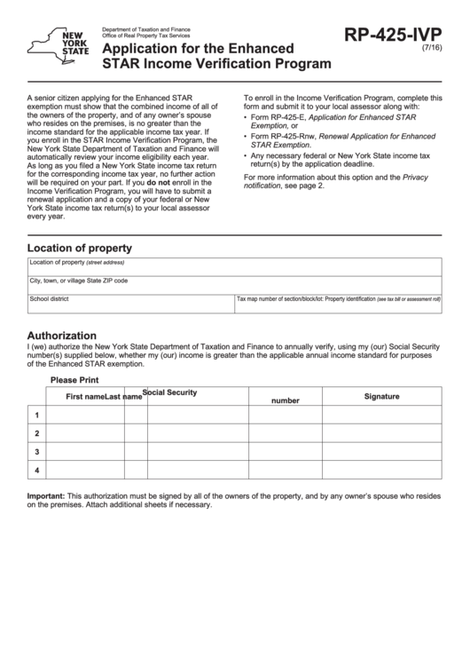 Fillable Form Rp-425-Ivp - Application For The Enhanced Star Income Verification Program Printable pdf