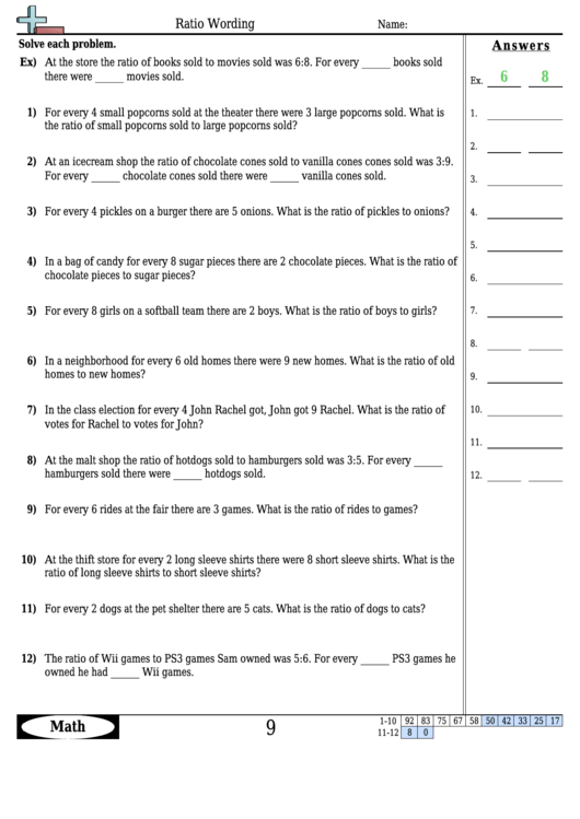 Ratio Wording Worksheet Template With Answer Key Printable pdf