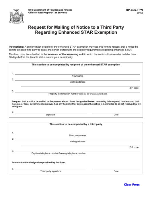 Fillable Form Rp-425-Tpn - Request For Mailing Of Notice To A Third Party Regarding Enhanced Star Exemption Printable pdf