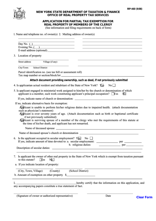 Fillable Form Rp-460 - Application For Partial Tax Exemption For Real Property Of Members Of The Clergy Printable pdf