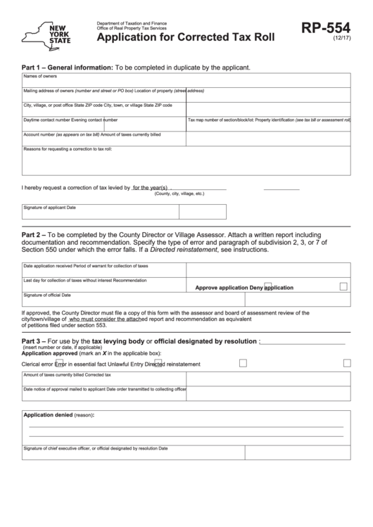 Fillable Form Rp-554 - Application For Corrected Tax Roll Printable pdf