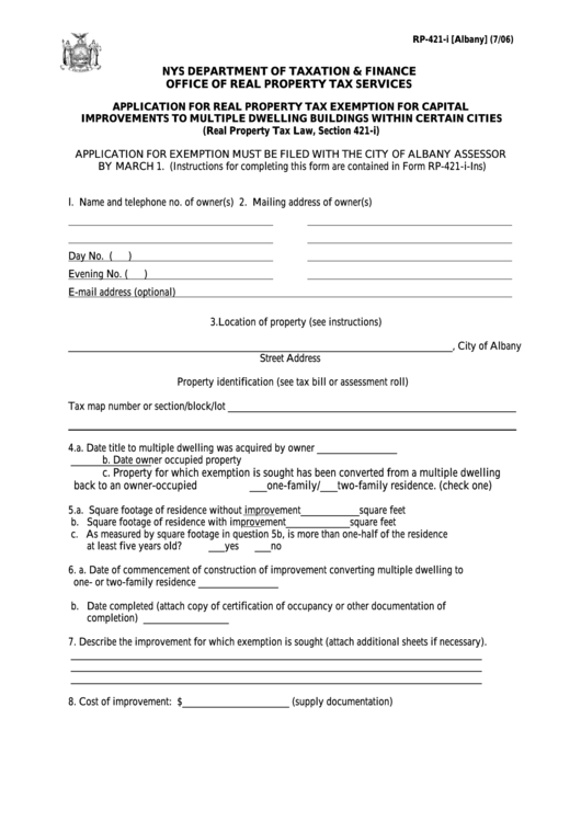 Fillable Form Rp-421-I [albany] - Application For Real Property Tax Exemption For Capital Improvements To Multiple Dwelling Buildings Within Certain Cities Printable pdf