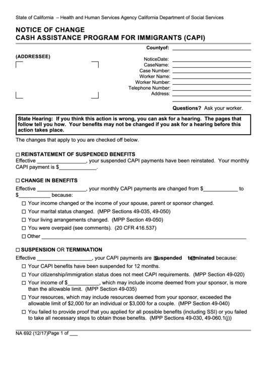 Fillable Form Na 692 - Notice Of Change - Cash Assistance Program For Immigrants (Capi) Printable pdf