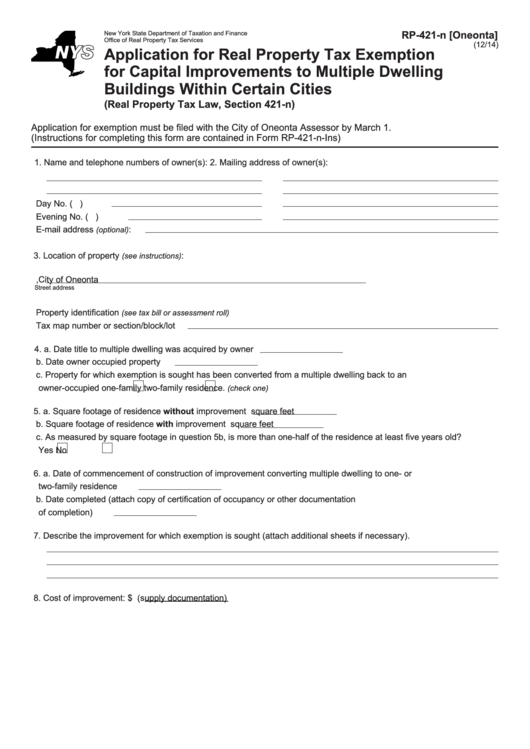 Fillable Form Rp-421-N [oneonta] - Application For Real Property Tax Exemption For Capital Improvements To Multiple Dwelling Buildings Within Certain Cities Printable pdf