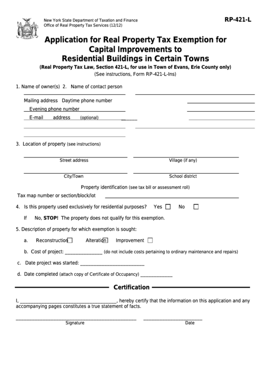 Fillable Form Rp-421-L - Application For Real Property Tax Exemption For Capital Improvements To Residential Buildings In Certain Towns Printable pdf