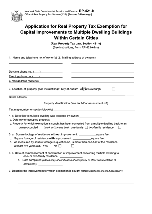 Fillable Form Rp-421-K - Application For Real Property Tax Exemption For Capital Improvements To Multiple Dwelling Buildings Within Certain Cities Printable pdf