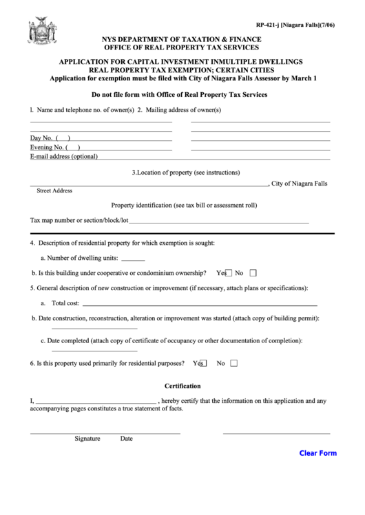 Fillable Form Rp-421-J [niagara Falls] - Application For Capital Investment In Multiple Dwellings Real Property Tax Exemption; Certain Cities Printable pdf