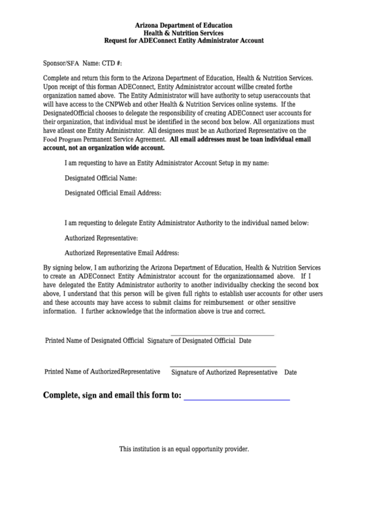 Fillable Request For Adeconnect Entity Administrator Account - Arizona Department Of Education Printable pdf