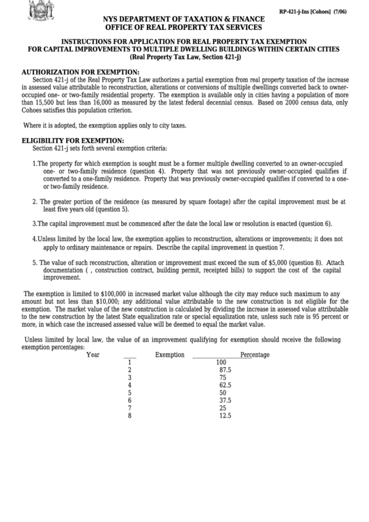 Instructions For Form Rp-421-J-Ins [cohoes] - Application For Real Property Tax Exemption For Capital Improvements To Multiple Dwelling Buildings Within Certain Cities Printable pdf