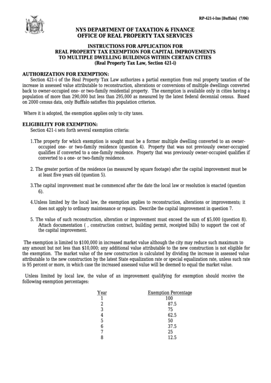 Instructions For Form Rp-421-I-Ins [buffalo] - Application For Real Property Tax Exemption For Capital Improvements To Multiple Dwelling Buildings Within Certain Cities Printable pdf