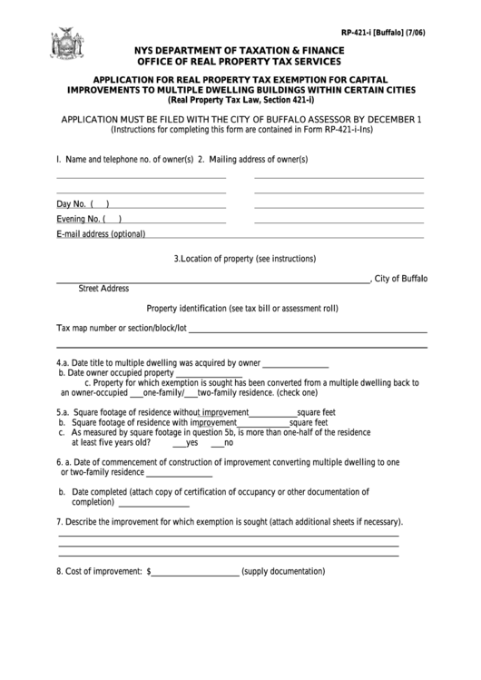 Fillable Form Rp-421-I [buffalo] - Application For Real Property Tax Exemption For Capital Improvements To Multiple Dwelling Buildings Within Certain Cities Printable pdf