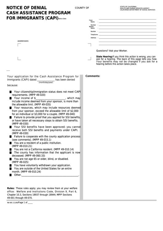Fillable Form Na 691 - Notice Of Denial - Cash Assistance Program For Immigrants (Capi) Printable pdf