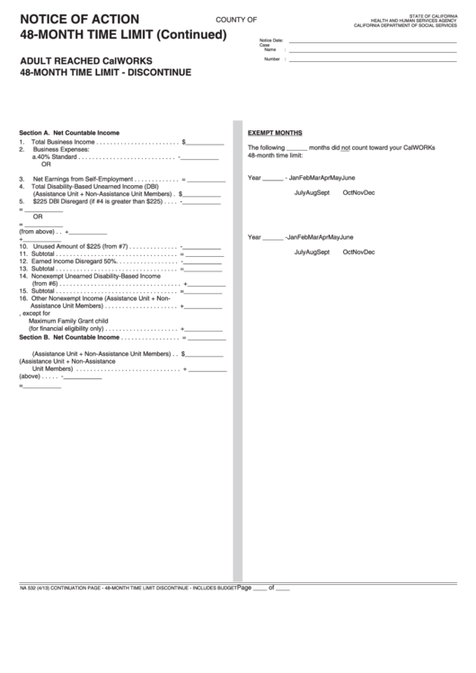 Fillable Form Na 532 - Notice Of Action (Continuation Page) - 48-Month Time Limit Discontinue - Includes Budget Printable pdf